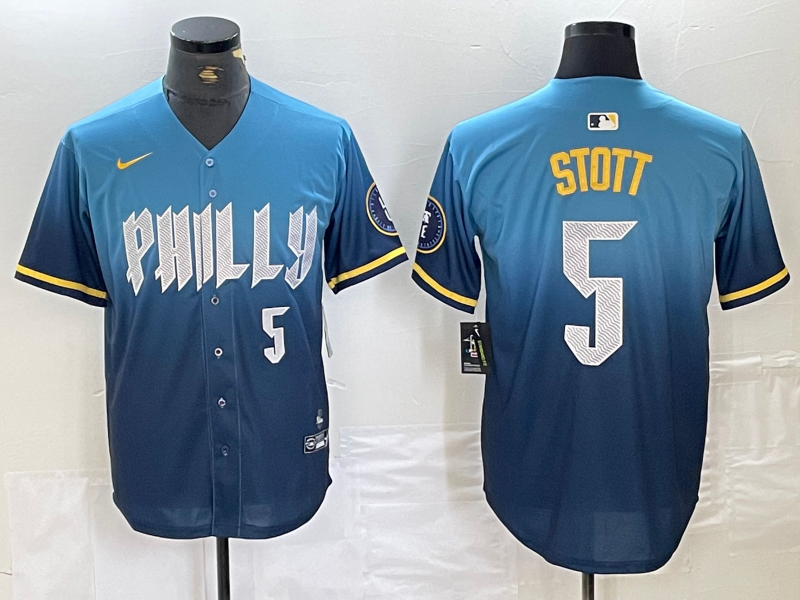 Men's Philadelphia Phillies #5 Bryson Stott Blue 2024 City Player Number Cool Base Stitched Jersey