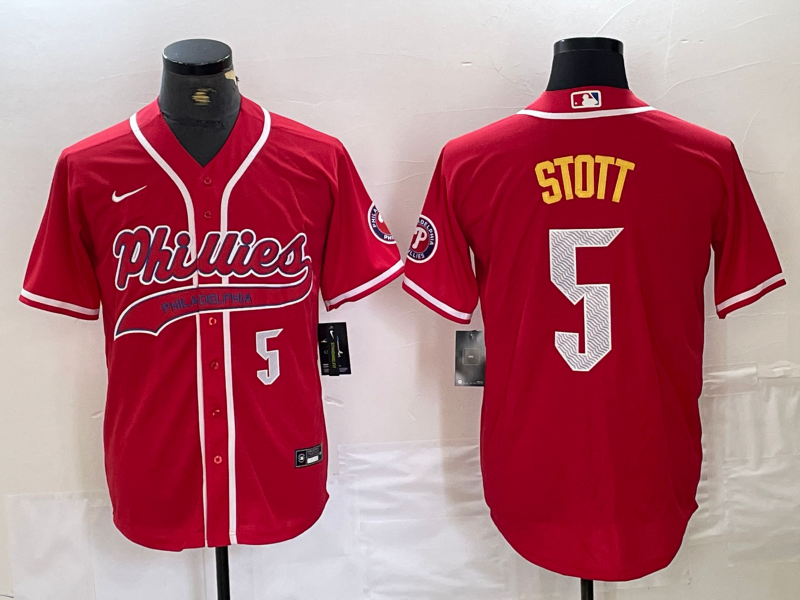 Men's Philadelphia Phillies #5 Bryson Stott Number Red Cool Base Stitched Baseball Jersey