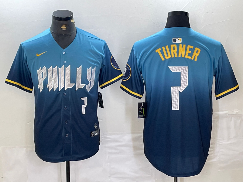 Men's Philadelphia Phillies #7 Trea Turner Number Blue 2024 City Connect Limited Stitched Jersey