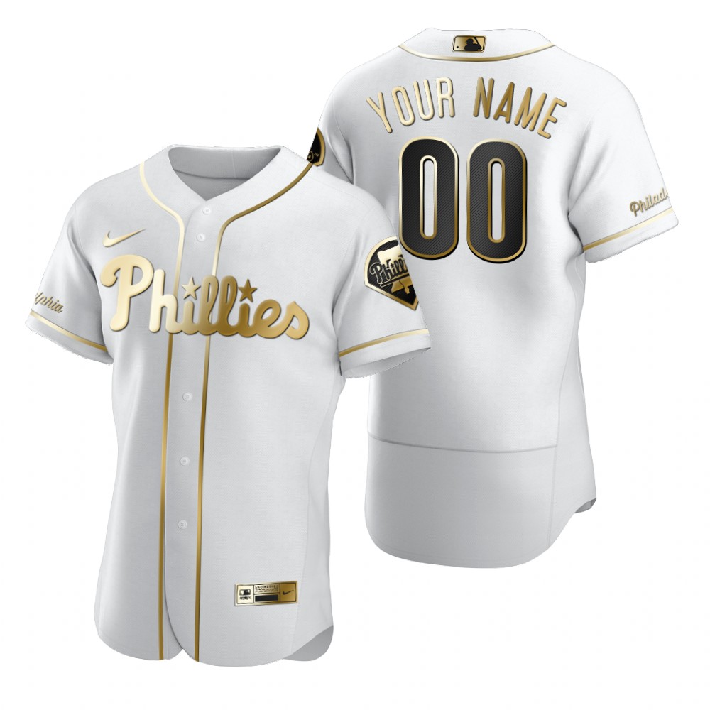 Men's Philadelphia Phillies Custom Nike White Stitched MLB Flex Base Golden Edition Jersey
