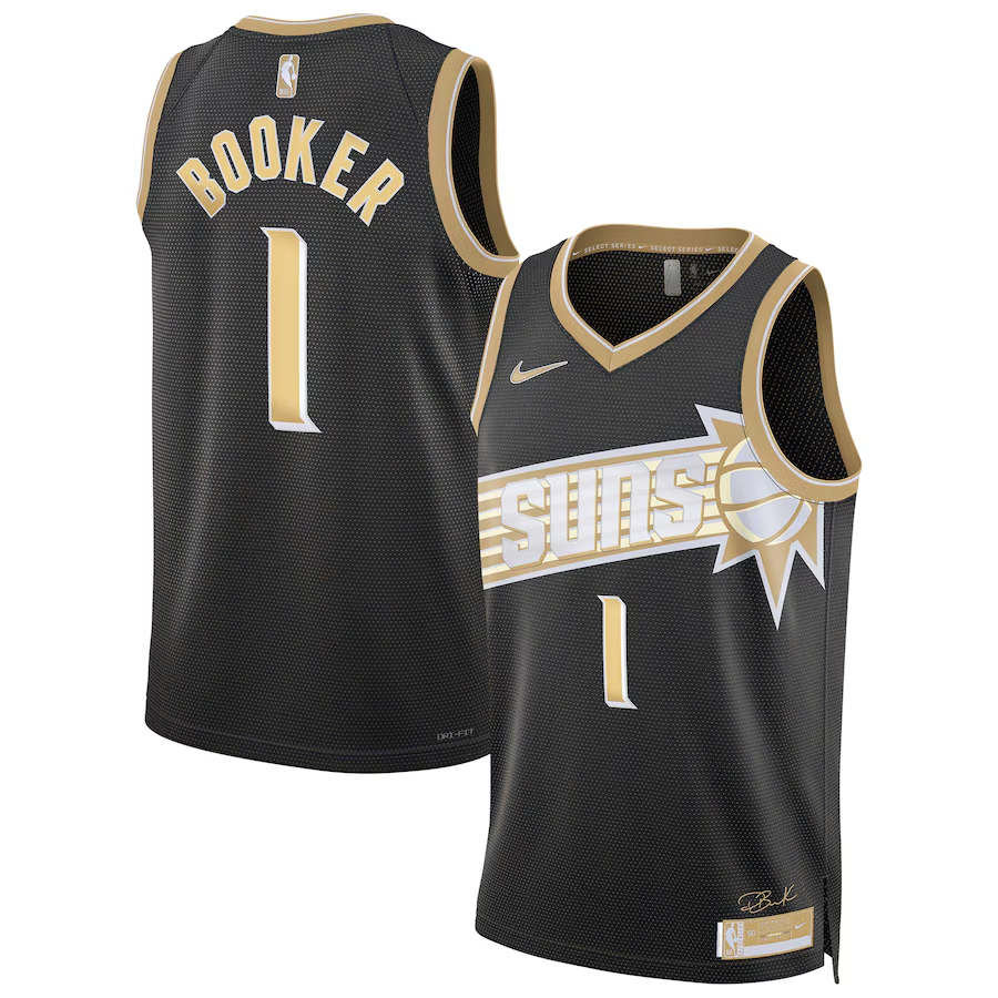 Men's Phoenix Suns #1 Devin Booker Black Gold 2024 Select Series Stitched Jersey