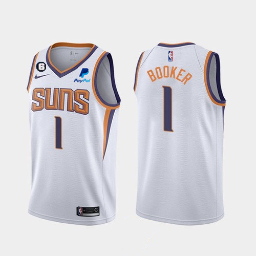 Men's Phoenix Suns #1 Devin Booker White Association Edition With NO.6 Patch Stitched Basketball Jersey