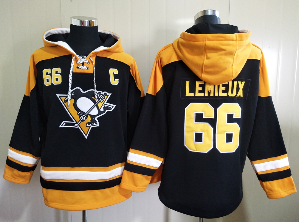 Men's Pittsburgh Penguins #66 Mario Lemieux Black All Stitched Hooded Sweatshirt Ageless Must-Have Lace-Up Pullover Hoodie