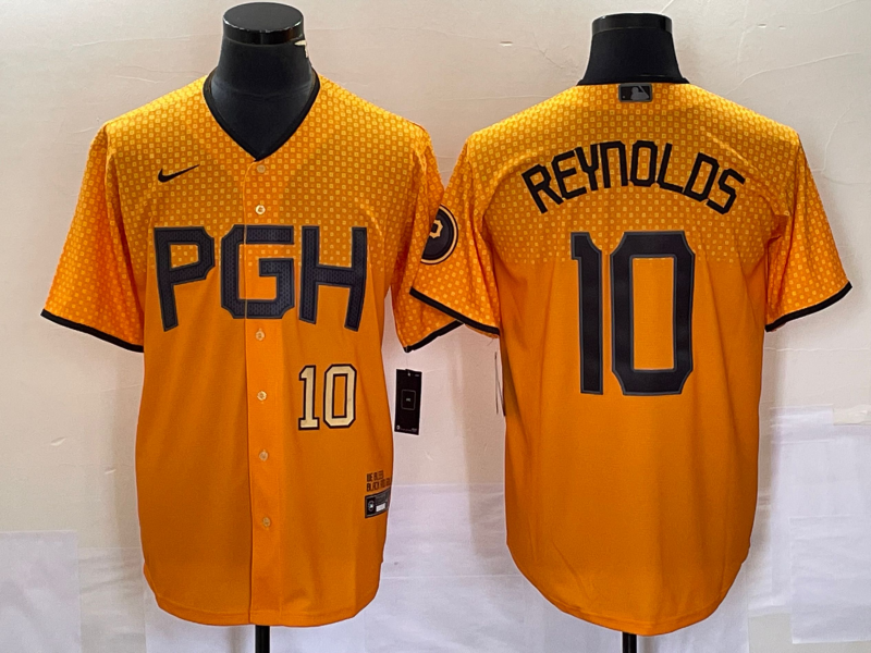 Men's Pittsburgh Pirates #10 Bryan Reynolds Number Gold 2023 City Connect Stitched Jersey2