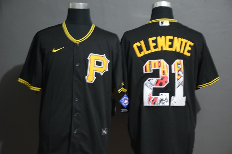 Men's Pittsburgh Pirates #21 Roberto Clemente Black Team Logo Stitched MLB Cool Base Nike Jersey