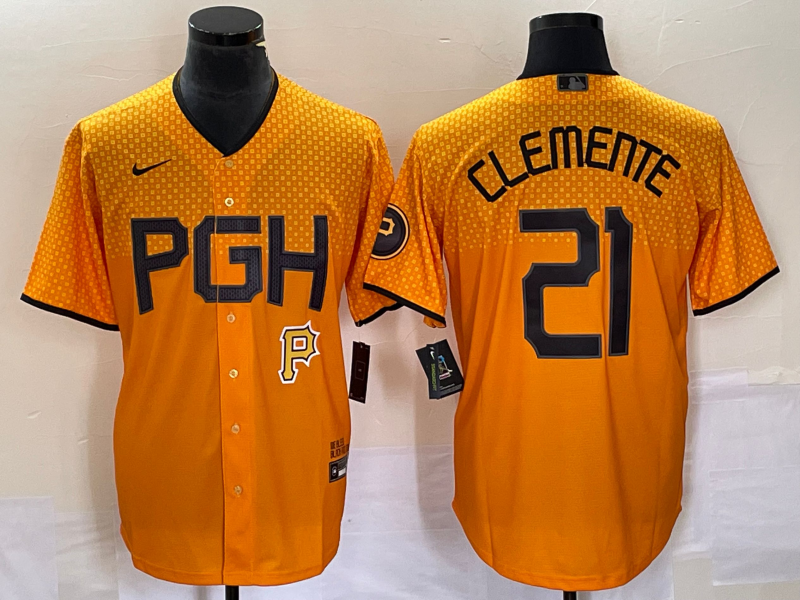 Men's Pittsburgh Pirates #21 Roberto Clemente Gold 2023 City Connect Stitched Jersey 1