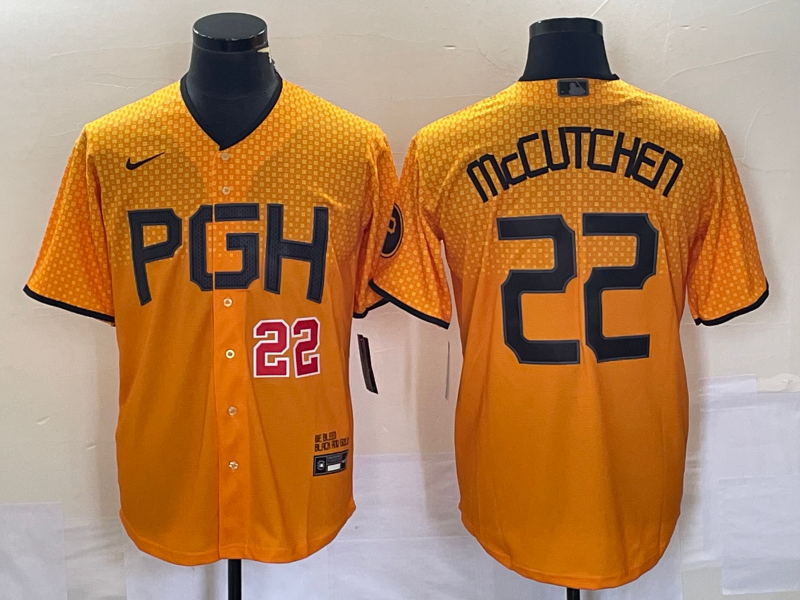 Men's Pittsburgh Pirates #22 Andrew McCutchen Number Gold 2023 City Connect Stitched Jersey 2
