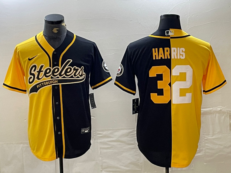 Men's Pittsburgh Steelers #22 Najee Harris Yellow Black Split With Patch Cool Base Stitched Baseball Jersey
