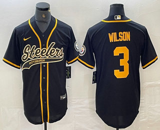 Men's Pittsburgh Steelers #3 Russell Wilson Black With Patch Cool Base Stitched Baseball Jersey