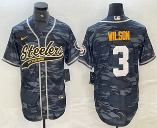 Men's Pittsburgh Steelers #3 Russell Wilson Camo With Patch Cool Base Stitched Baseball Jersey