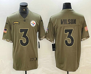 Men's Pittsburgh Steelers #3 Russell Wilson Olive 2022 Salute To Service Limited Stitched Jersey