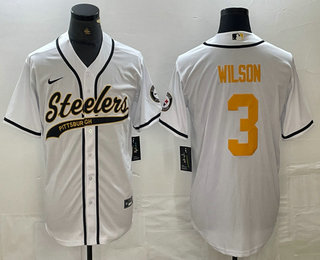 Men's Pittsburgh Steelers #3 Russell Wilson White With Patch Cool Base Stitched Baseball Jersey