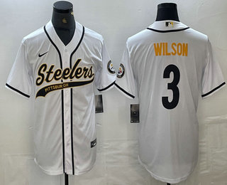 Men's Pittsburgh Steelers #3 Russell Wilson White With Patch Cool Base Stitched Baseball Jerseys
