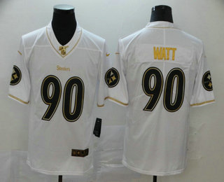 Men's Pittsburgh Steelers #90 T. J. Watt White 100th Season Golden Edition Jersey