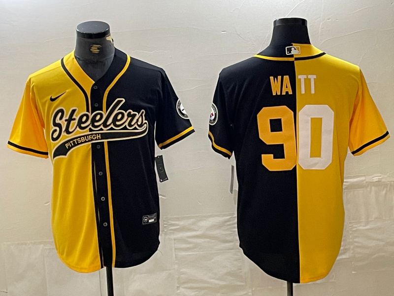 Men's Pittsburgh Steelers #90 TJ Watt Yellow Black Split With Patch Cool Base Stitched Baseball Jersey
