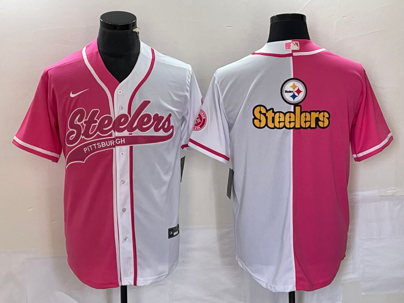 Men's Pittsburgh Steelers Big Logo Pink White Two Tone With Patch Cool Base Stitched Baseball Jersey