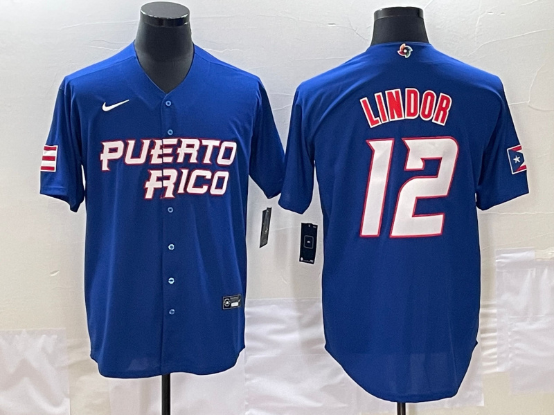 Men's Puerto Rico Baseball #12 Francisco Lindor 2023 Royal World Baseball Classic Stitched Jersey
