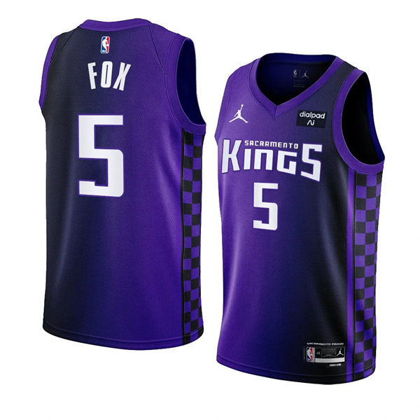 Men's Sacramento Kings #5 De’Aaron Fox Purple 2023-24 Statement Edition Swingman Stitched Jersey