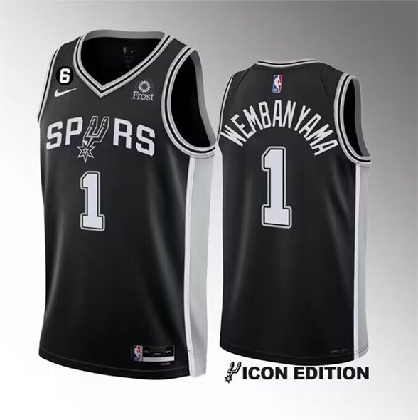 Men's San Antonio Spurs #1 Victor Wembanyama Black 2022-23 Icon Edition With NO.6 Patch Stitched Basketball Jersey