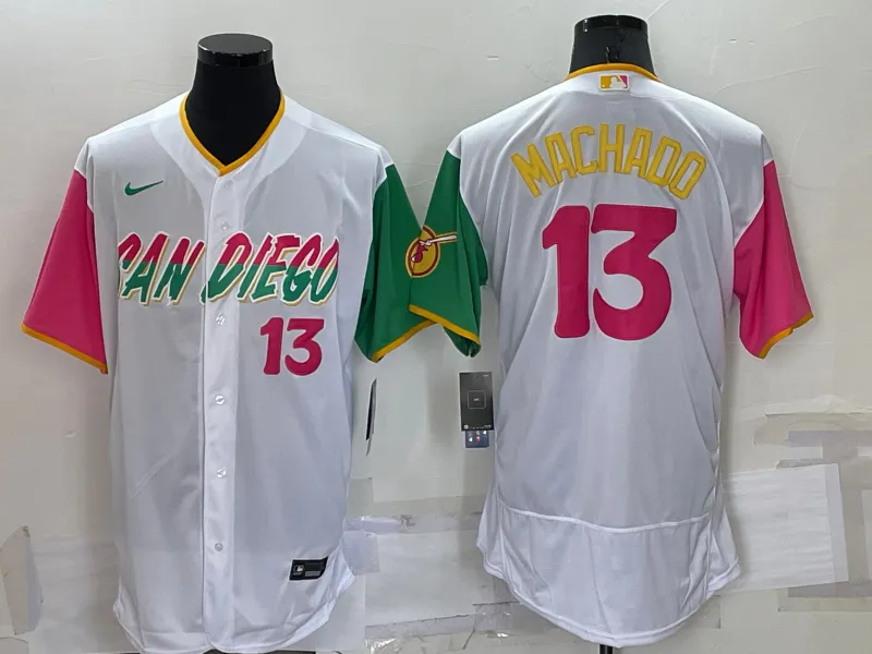 Men's San Diego Padres #13 Manny Machado White Number 2022 City Connect Flex Base Stitched Jersey