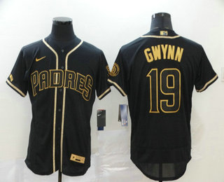 Men's San Diego Padres #19 Tony Gwynn Black With Gold Stitched MLB Flex Base Nike Jersey