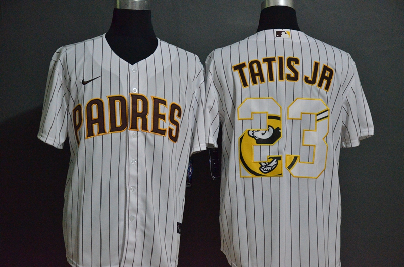 Men's San Diego Padres #23 Fernando Tatis Jr. White Team Logo Stitched MLB Cool Base Nike Jersey