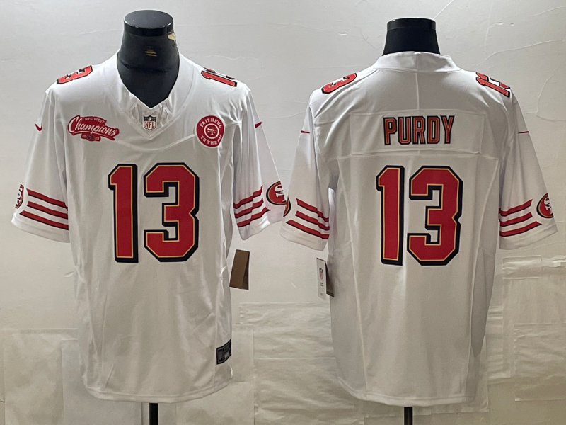 Men's San Francisco 49ers #13 Brock Purdy White 2023 FUSE NFC West Champions Patch Throwback Stitched Jersey