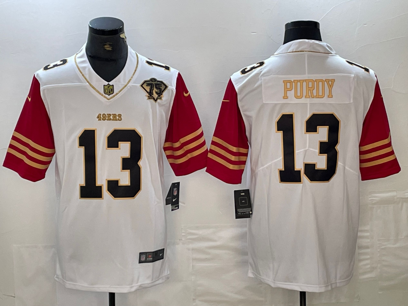 Men's San Francisco 49ers #13 Brock Purdy White 75th Patch Golden Edition Stitched Nike Limited Jersey
