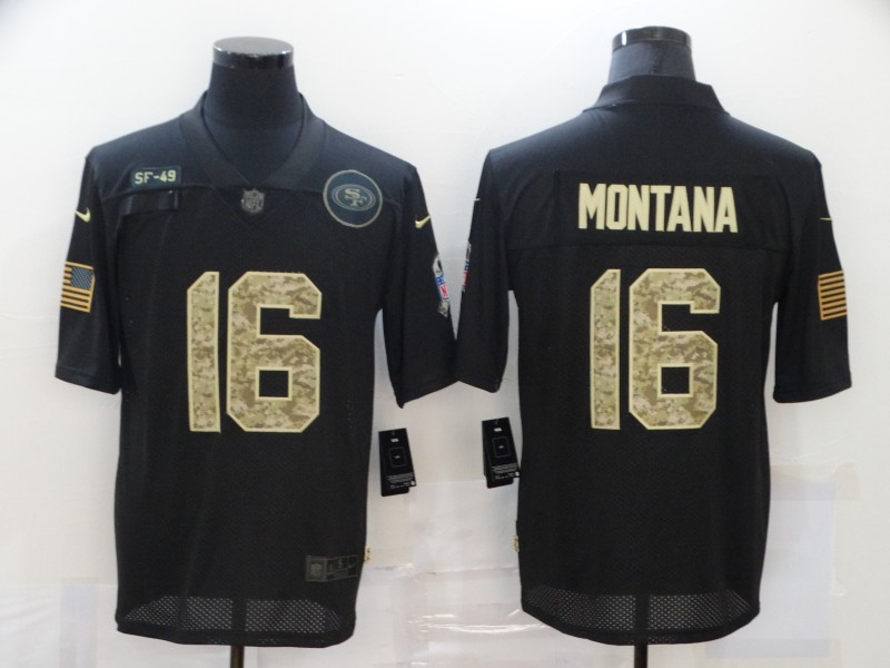 Men's San Francisco 49ers #16 Joe Montana Black Camo 2020 Salute To Service Stitched NFL Nike Limited Jersey