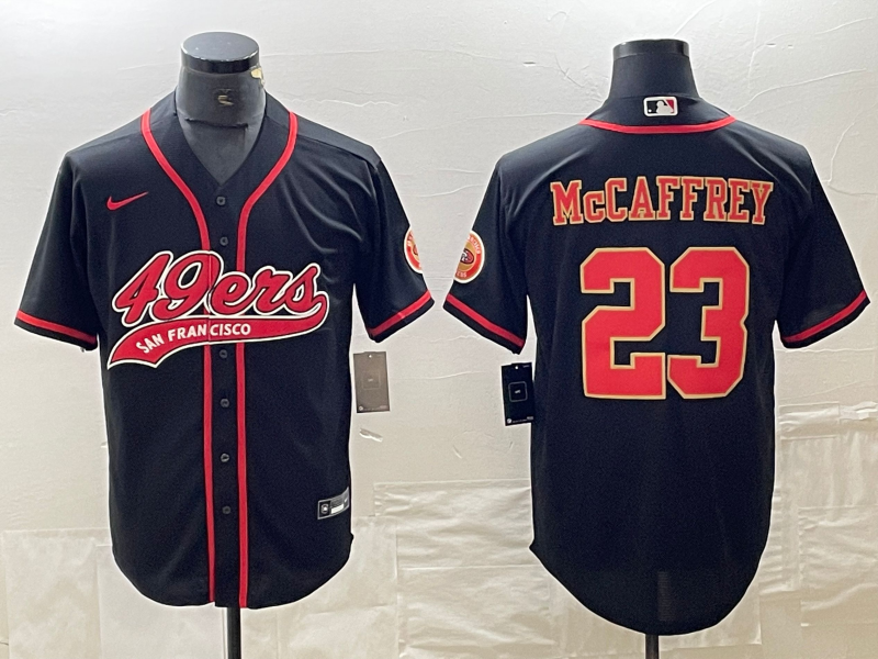Men's San Francisco 49ers #23 Christian McCaffrey Black Red With Patch Cool Base Stitched Baseball Jersey