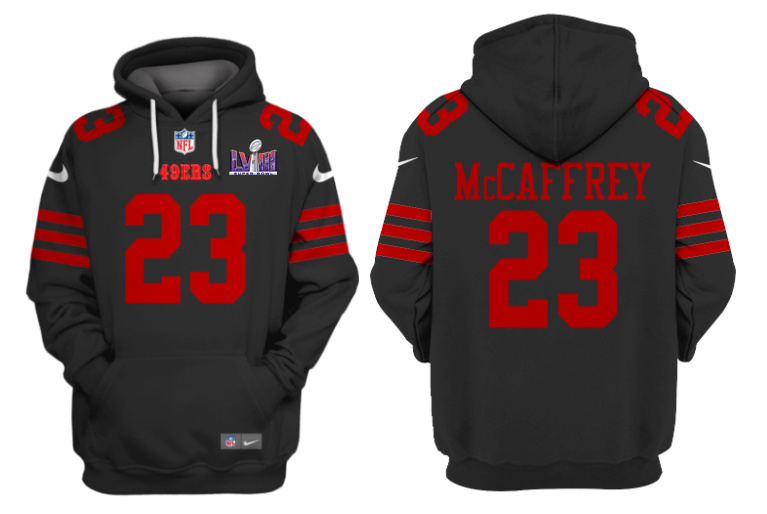 Men's San Francisco 49ers #23 Christian McCaffrey Black Super Bowl LVIII Alternate Pullover Hoodie