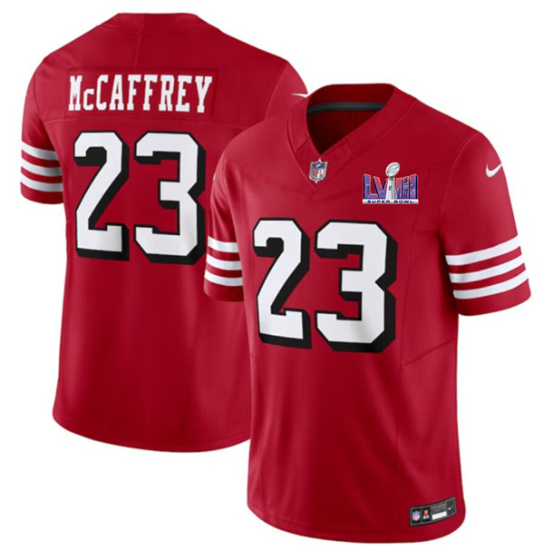 Men's San Francisco 49ers #23 Christian McCaffrey New Red 2024 F.U.S.E. Super Bowl LVIII Patch Vapor Untouchable Limited Football Stitched Jersey