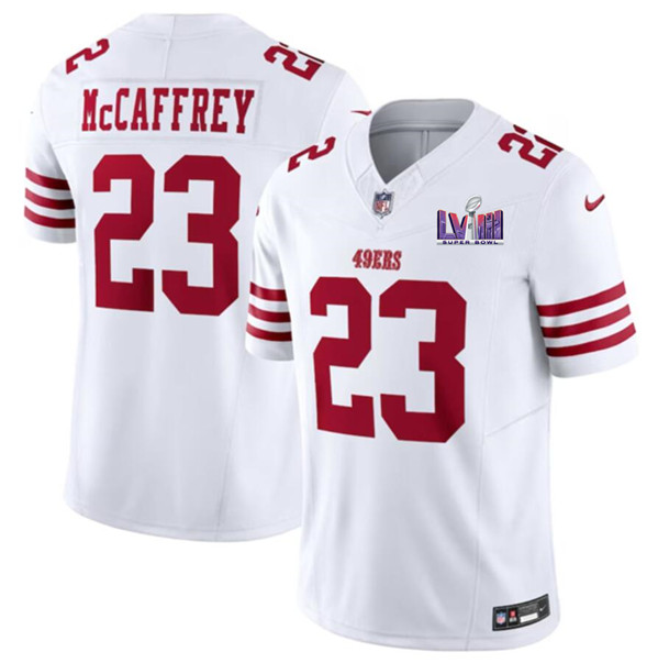 Men's San Francisco 49ers #23 Christian McCaffrey White 2024 F.U.S.E. Super Bowl LVIII Patch Vapor Untouchable Limited Football Stitched Jersey