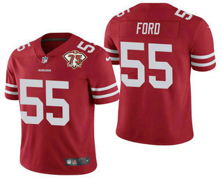 Men's San Francisco 49ers #55 Dee Ford Red 75th Anniversary Patch 2021 Vapor Untouchable Stitched Nike Limited Jersey