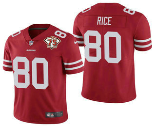 Men's San Francisco 49ers #80 Jerry Rice Red 75th Anniversary Patch 2021 Vapor Untouchable Stitched Nike Limited Jersey