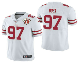 Men's San Francisco 49ers #97 Nick Bosa White 75th Anniversary Patch 2021 Vapor Untouchable Stitched Nike Limited Jersey