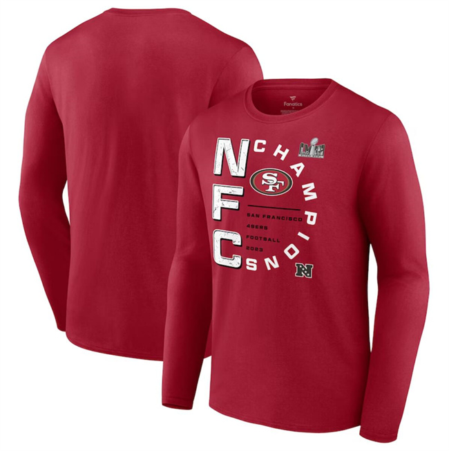 Men's San Francisco 49ers Scarlet 2023 NFC Champions Right Side Draw Long Sleeve T-Shirt