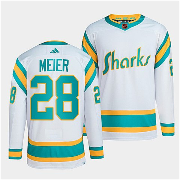 Men's San Jose Sharks #28 Timo Meier White 2022 Reverse Retro Stitched Jersey