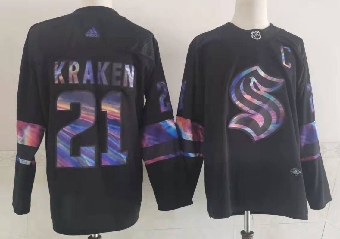 Men's Seattle Kraken #21 Kraken Black Iridescent Holographic Authentic Jersey