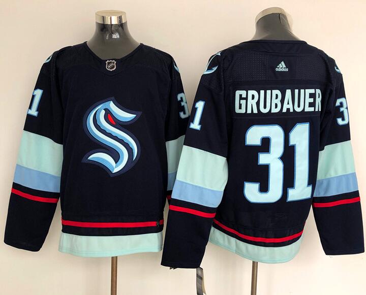 Men's Seattle Kraken #31 Paul Grubauer Navy Blue Adidas Stitched NHL Jersey