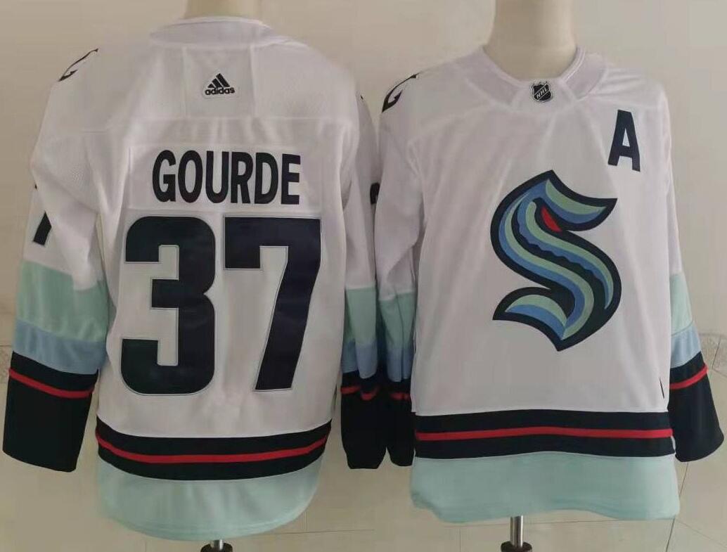 Men's Seattle Kraken #37 Yanni Gourde with A patch 2022 Away White Jersey