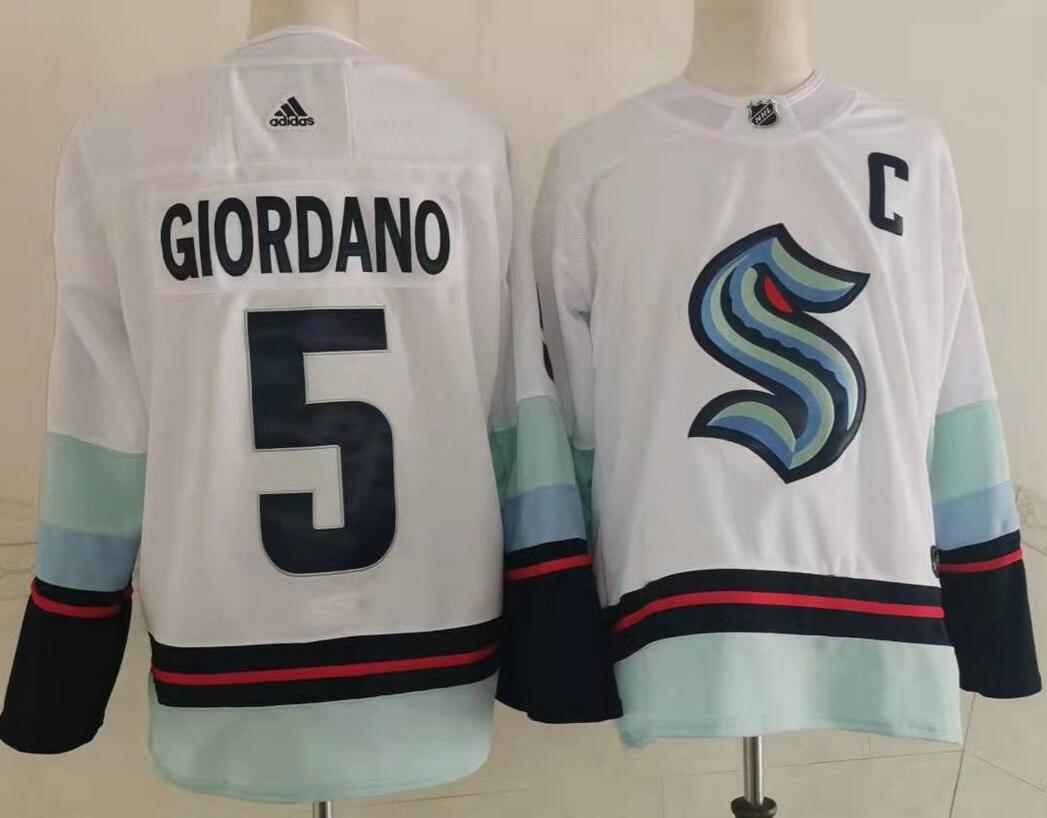 Men's Seattle Kraken #5 Mark Giordano with C patch white Adidas Away Stitched NHL Jersey