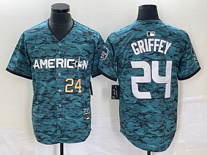 Men's Seattle Mariners #24 Ken Griffey Number Teal 2023 All Star Cool Base Stitched Jersey
