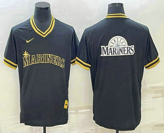Men's Seattle Mariners Big Logo Black Gold Nike Cooperstown Legend V Neck Jersey