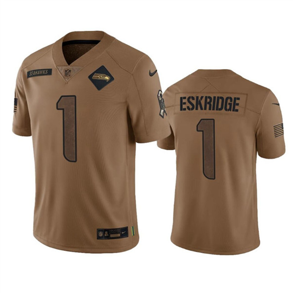 Men's Seattle Seahawks #1 Dee Eskridge 2023 Brown Salute To Service Limited Football Stitched Jersey