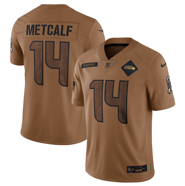 Men's Seattle Seahawks #14 DK Metcalf 2023 Brown Salute To Service Limited Football Stitched Jersey