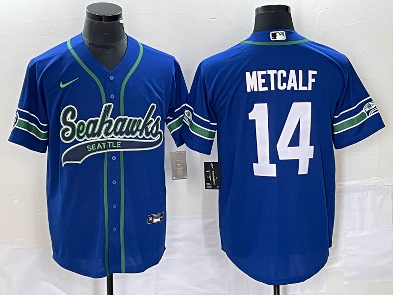 Men's Seattle Seahawks #14 DK Metcalf Blue With Patch Cool Base Stitched Baseball Jersey