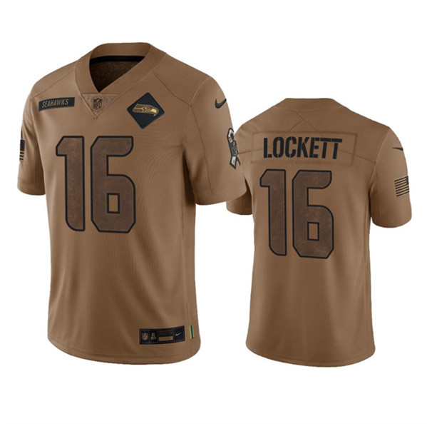 Men's Seattle Seahawks #16 Tyler Lockett 2023 Brown Salute To Service Limited Football Stitched Jersey