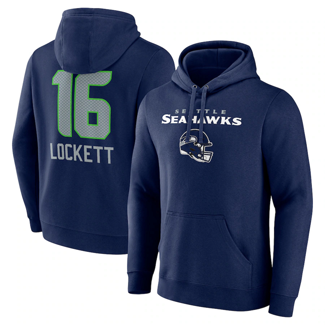 Men's Seattle Seahawks #16 Tyler Lockett Navy Team Wordmark Player Name & Number Pullover Hoodie