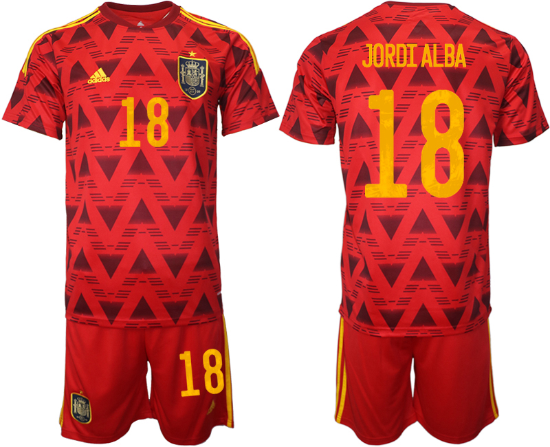 Men's Spain #18 Jordi Alba Red Home Soccer 2022 FIFA World Cup Jerseys